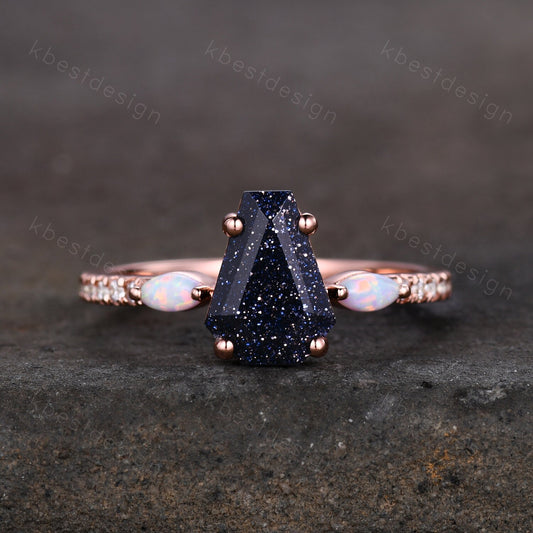Coffin Shape Blue Sandstone Engagement Ring Vintage Rose Gold Marquise Opal Wedding Ring Unique Cluster Ring Antique Promise Ring