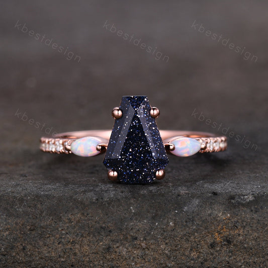Coffin Shape Blue Sandstone Engagement Ring Vintage Rose Gold Marquise Opal Wedding Ring Unique Cluster Ring Antique Promise Ring