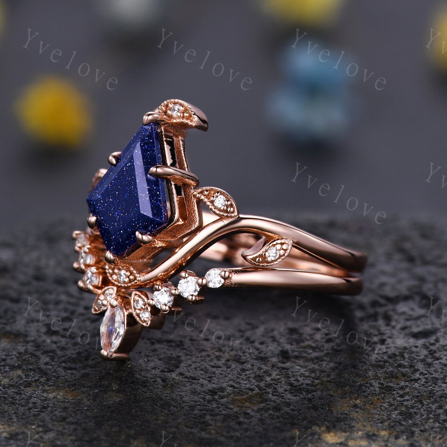 Retro Kite Sandstone Ring,Vintage Blue Sandstone Ring Set,Unique Sandstone Engagement Ring,Stacking Wedding band,Promise Bridal Ring Gift