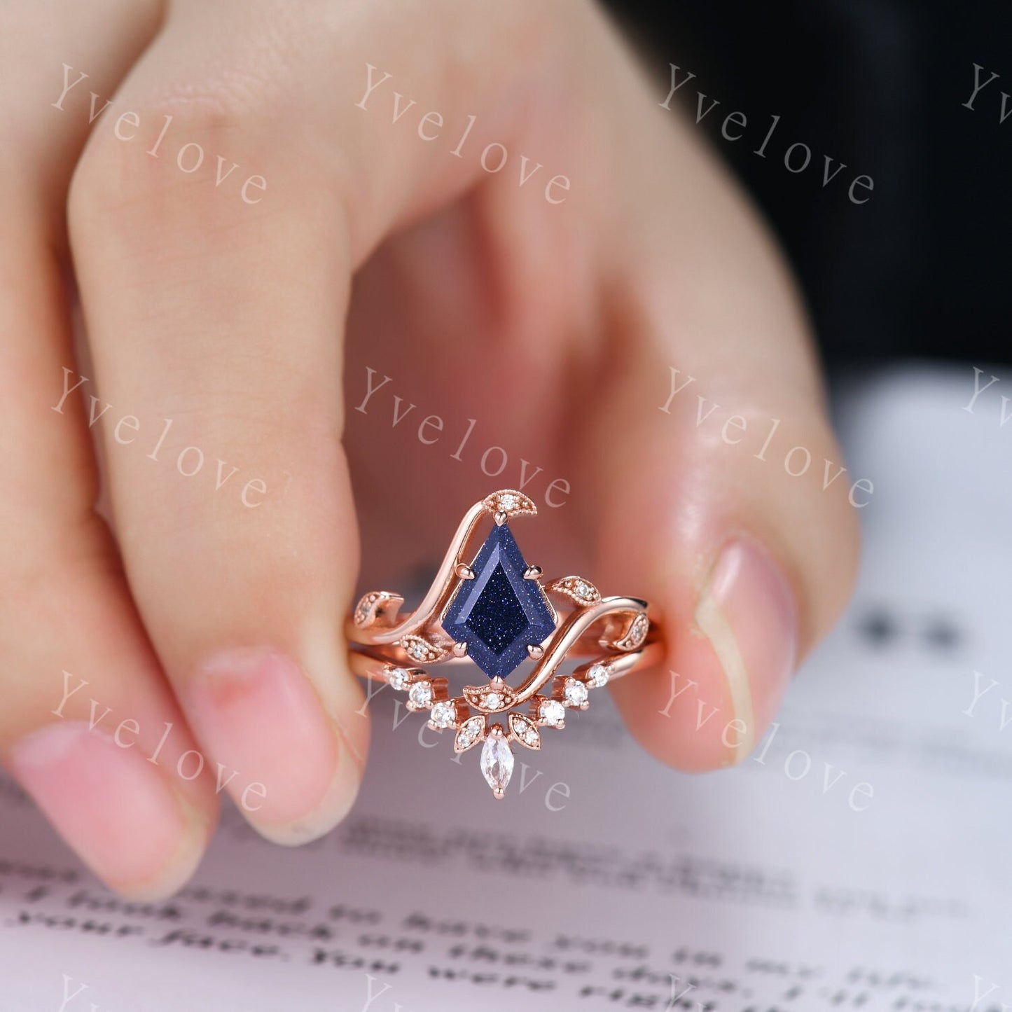 Retro Kite Sandstone Ring,Vintage Blue Sandstone Ring Set,Unique Sandstone Engagement Ring,Stacking Wedding band,Promise Bridal Ring Gift