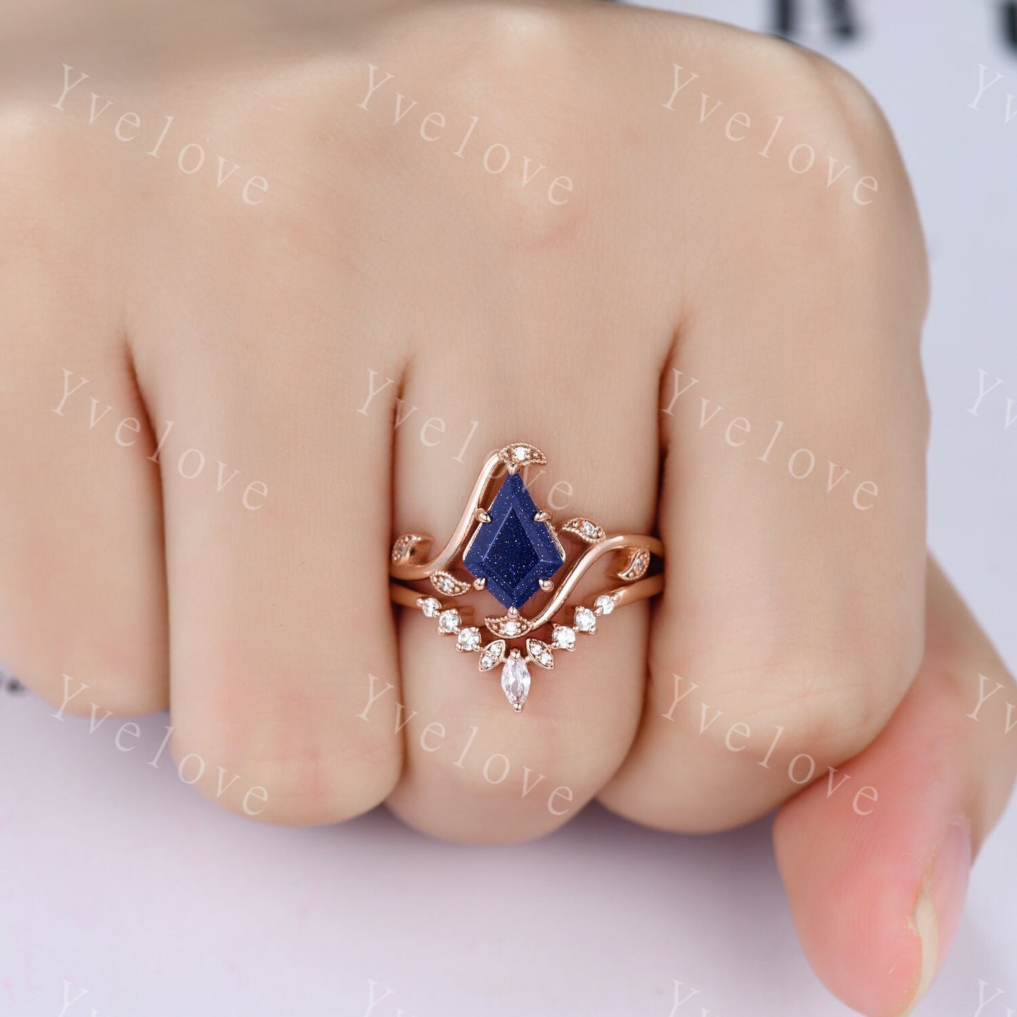 Retro Kite Sandstone Ring,Vintage Blue Sandstone Ring Set,Unique Sandstone Engagement Ring,Stacking Wedding band,Promise Bridal Ring Gift