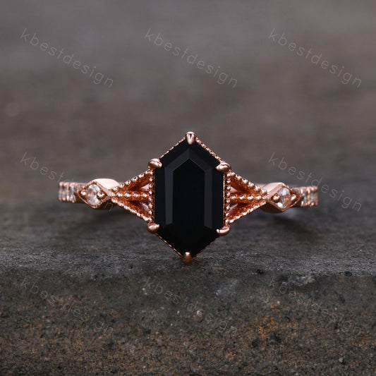 Elongated Hexagon cut Black Onyx Ring Vintage Rose Gold Ring Unique Black Stone Engagement Ring Promise Ring Anniversary Ring Gift For Her