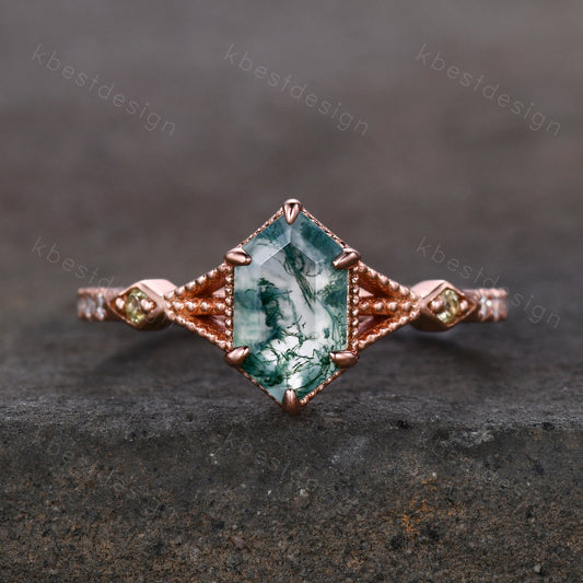 Vintage Long Hexagon Cut Moss Agate Ring Women's Ring Antique Rose Gold Green Agate Engagement Ring Peridot Ring Unique Bridal Promise Ring