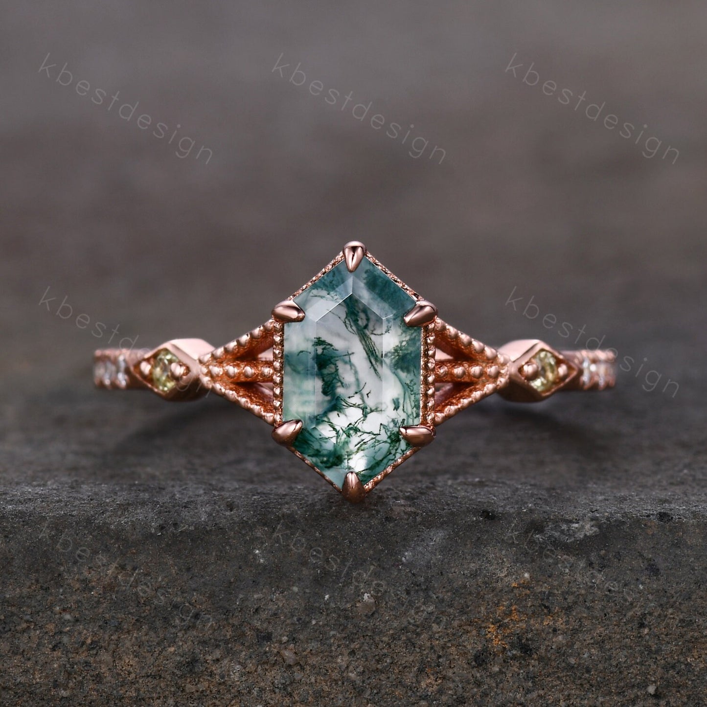 Vintage Long Hexagon Cut Moss Agate Ring Women's Ring Antique Rose Gold Green Agate Engagement Ring Peridot Ring Unique Bridal Promise Ring