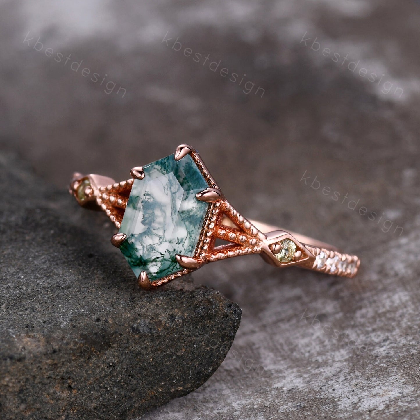 Vintage Long Hexagon Cut Moss Agate Ring Women's Ring Antique Rose Gold Green Agate Engagement Ring Peridot Ring Unique Bridal Promise Ring
