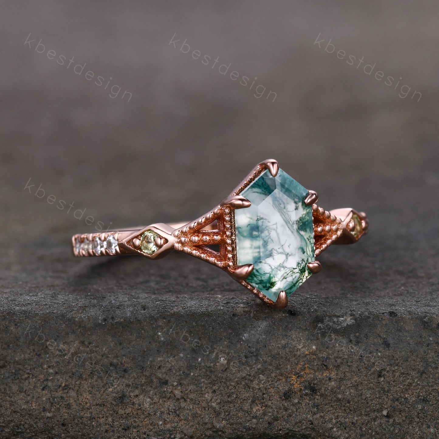 Vintage Long Hexagon Cut Moss Agate Ring Women's Ring Antique Rose Gold Green Agate Engagement Ring Peridot Ring Unique Bridal Promise Ring