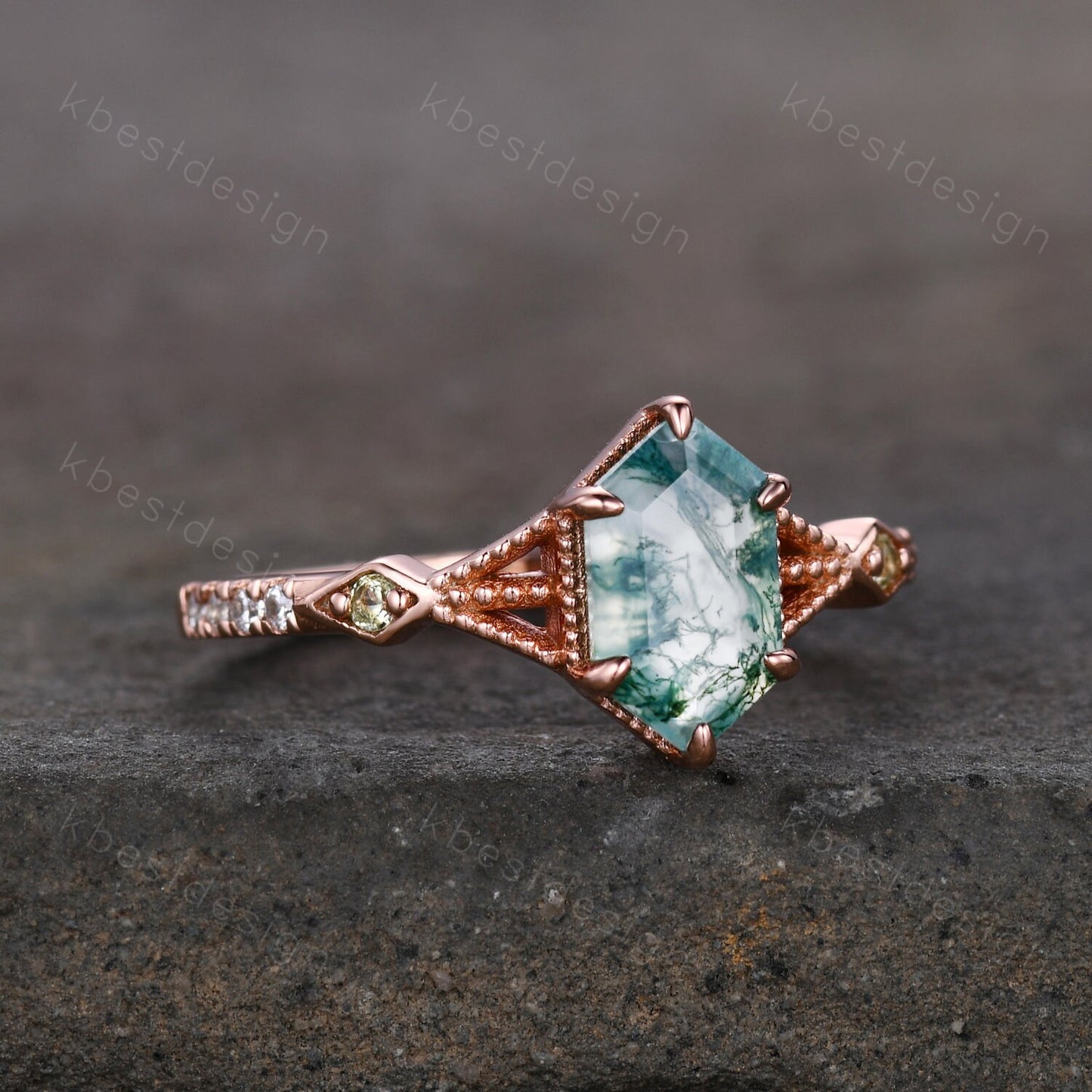 Vintage Long Hexagon Cut Moss Agate Ring Women's Ring Antique Rose Gold Green Agate Engagement Ring Peridot Ring Unique Bridal Promise Ring