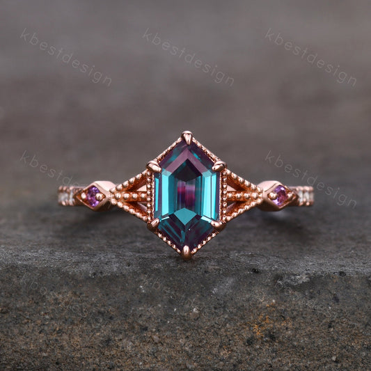 Vintage Alexandrite Engagement Ring Rose Gold ring Antique Hexagon cut Bridal ring Art deco Wedding Ring Milgrain Anniversary Promise Ring