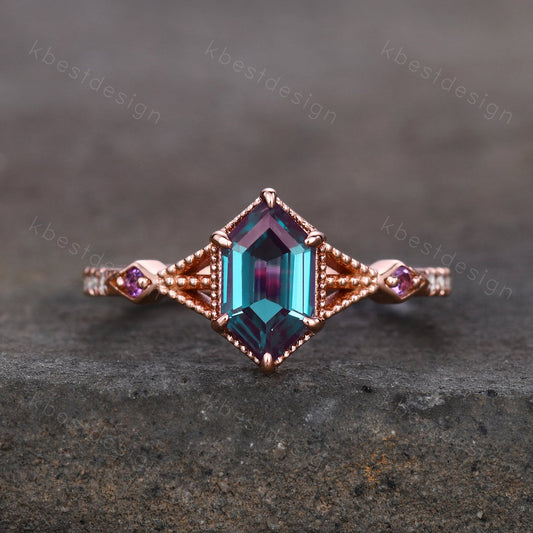 Vintage Alexandrite Engagement Ring Rose Gold ring Antique Hexagon cut Bridal ring Art deco Wedding Ring Milgrain Anniversary Promise Ring