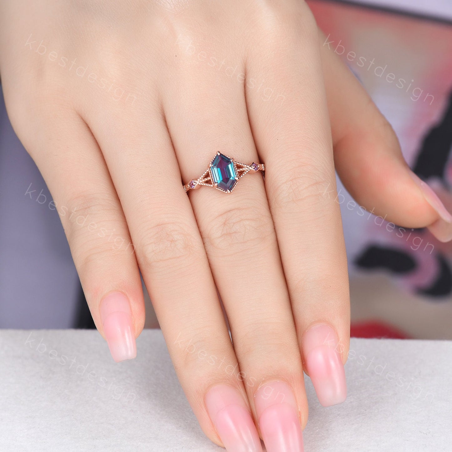 Vintage Alexandrite Engagement Ring Rose Gold ring Antique Hexagon cut Bridal ring Art deco Wedding Ring Milgrain Anniversary Promise Ring
