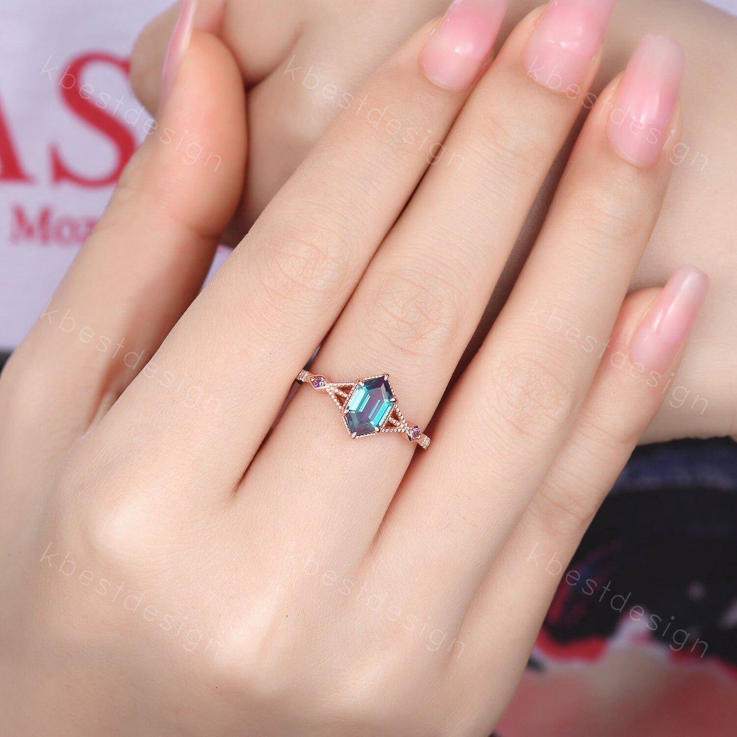 Vintage Alexandrite Engagement Ring Rose Gold ring Antique Hexagon cut Bridal ring Art deco Wedding Ring Milgrain Anniversary Promise Ring