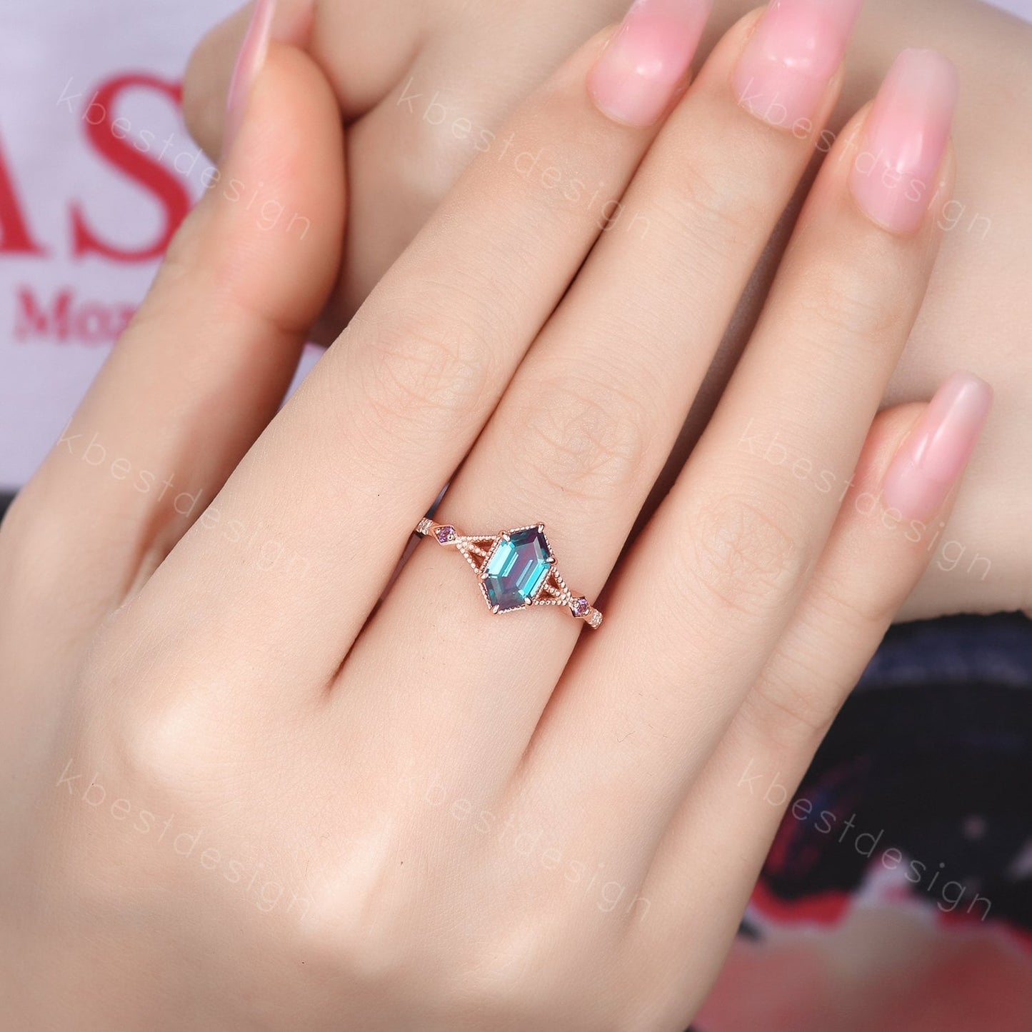 Vintage Alexandrite Engagement Ring Set Unique Rose Gold Hexagon cut ring Moissanite Wedding Band Art deco Milgrain Anniversary Promise Ring