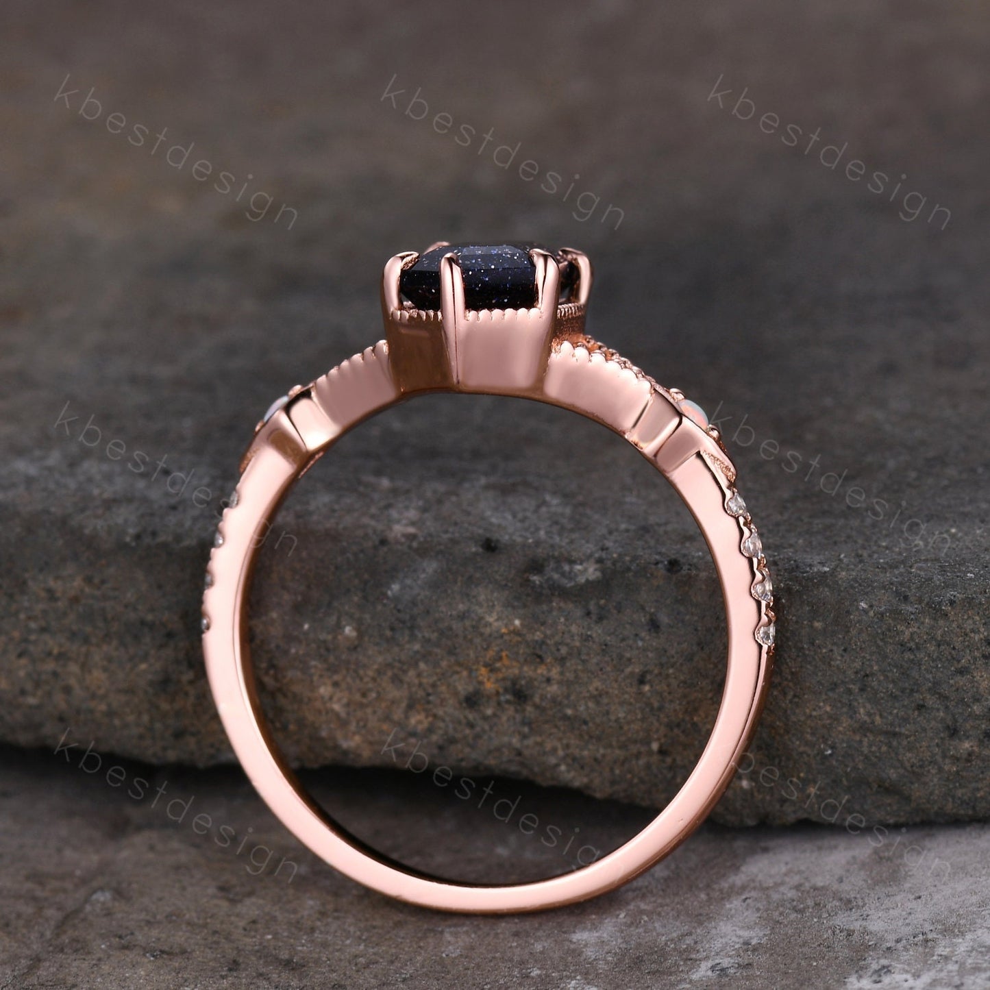 Vintage Blue Sandstone Engagement Ring Rose Gold Antique Hexagon cut ring Bridal Opal Art deco Wedding Ring Anniversary ring