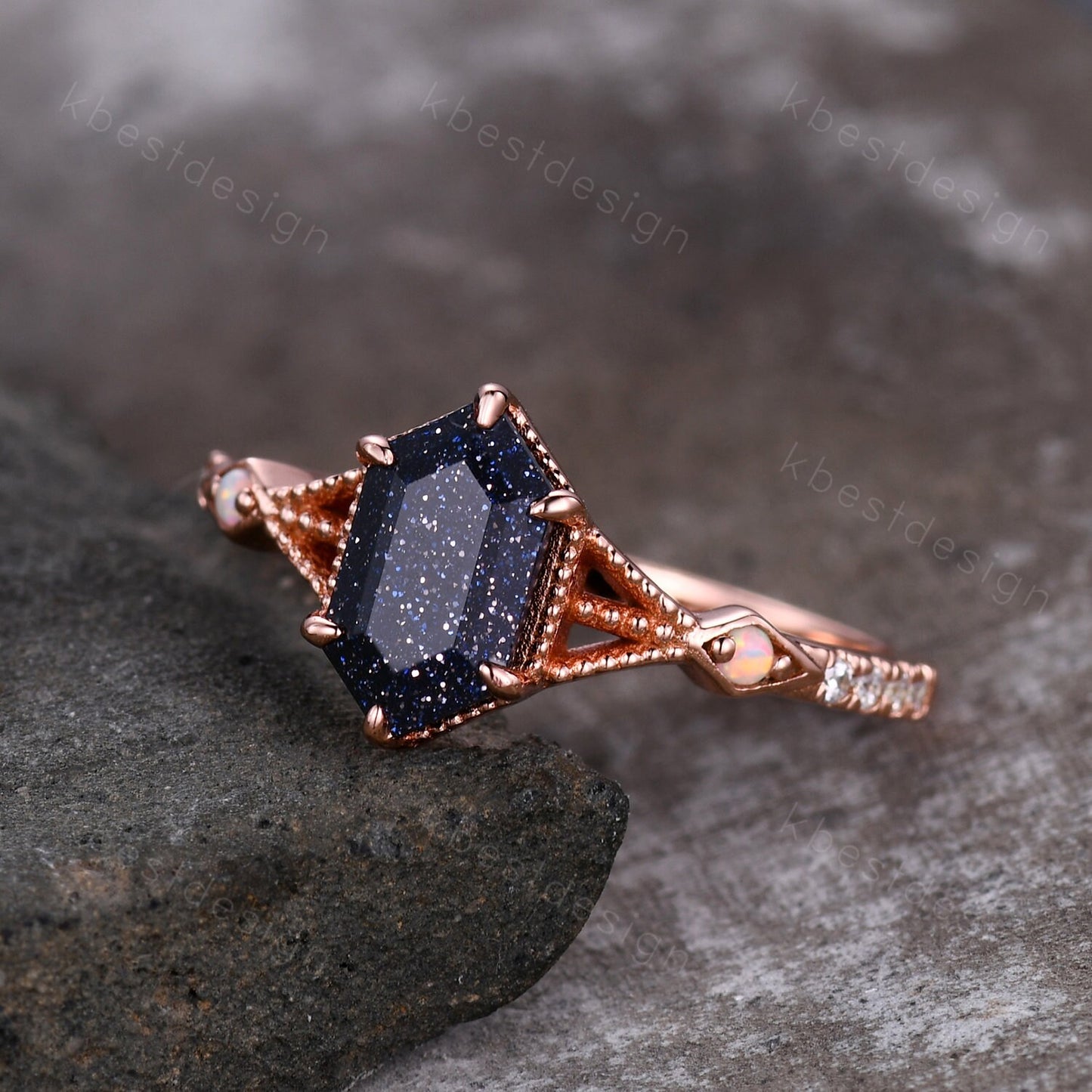 Vintage Blue Sandstone Engagement Ring Rose Gold Antique Hexagon cut ring Bridal Opal Art deco Wedding Ring Anniversary ring