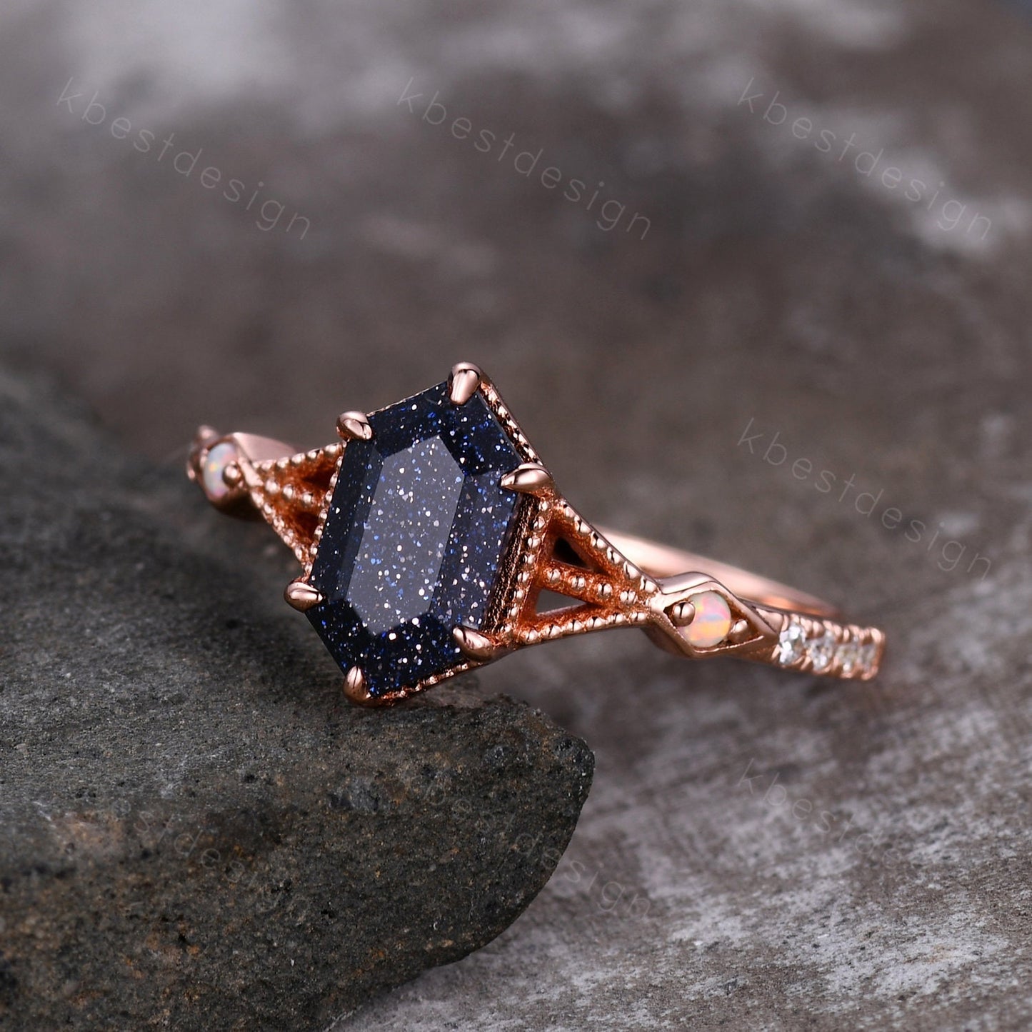 Vintage Blue Sandstone Engagement Ring Rose Gold Antique Hexagon cut ring Bridal Opal Art deco Wedding Ring Anniversary ring