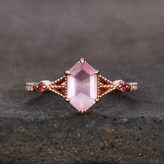Retro Long hexagon Rose Quartz Ring Vintage Rose Gold Engagement Ring Unique Art Deco Pink Tourmaline Ring Antique Bridal Wedding Ring