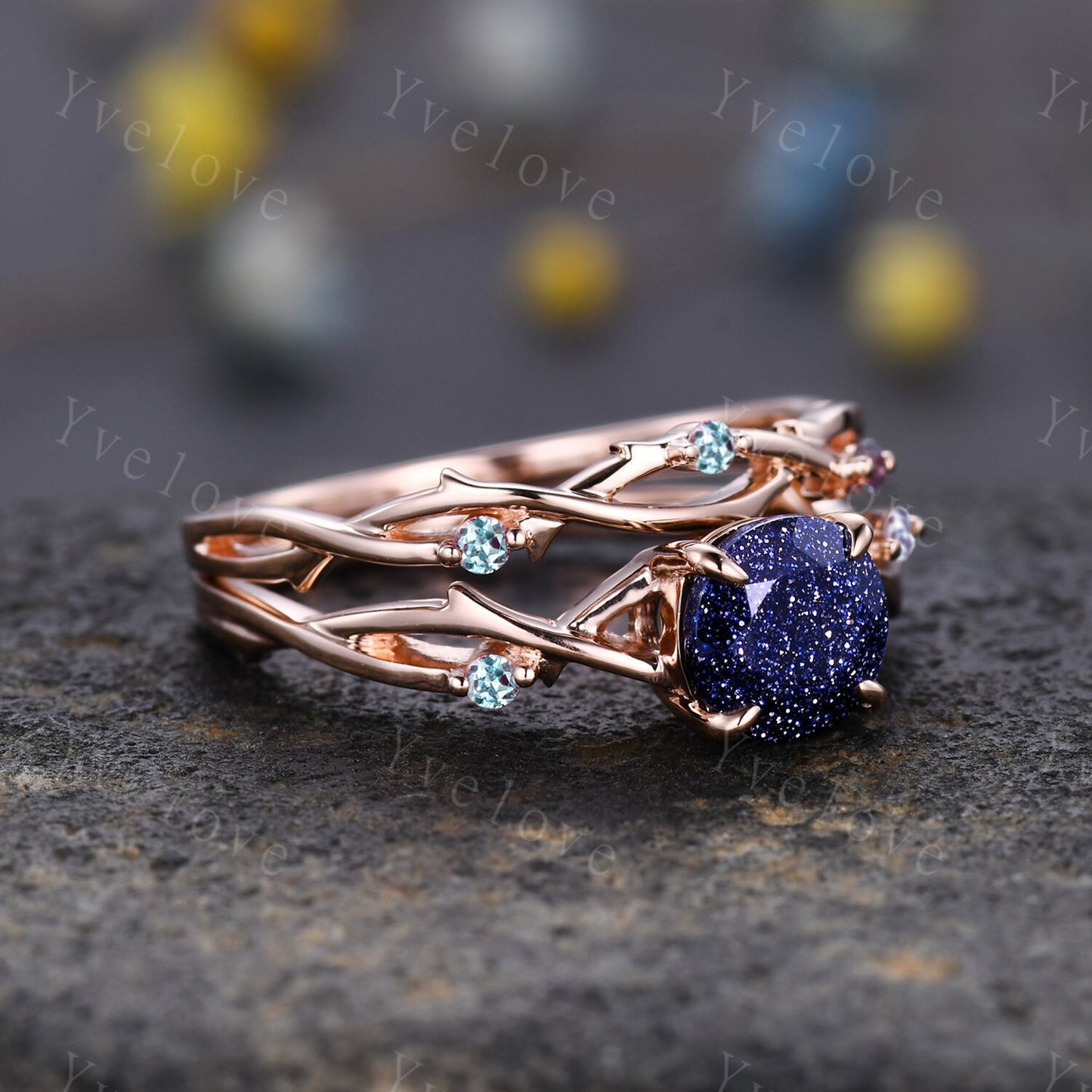 Twig Blue Sandstone Alexandrite Engagement Ring,Sandstone engagement ring set,Galaxy vintage unique promise ring set gift for women,silver