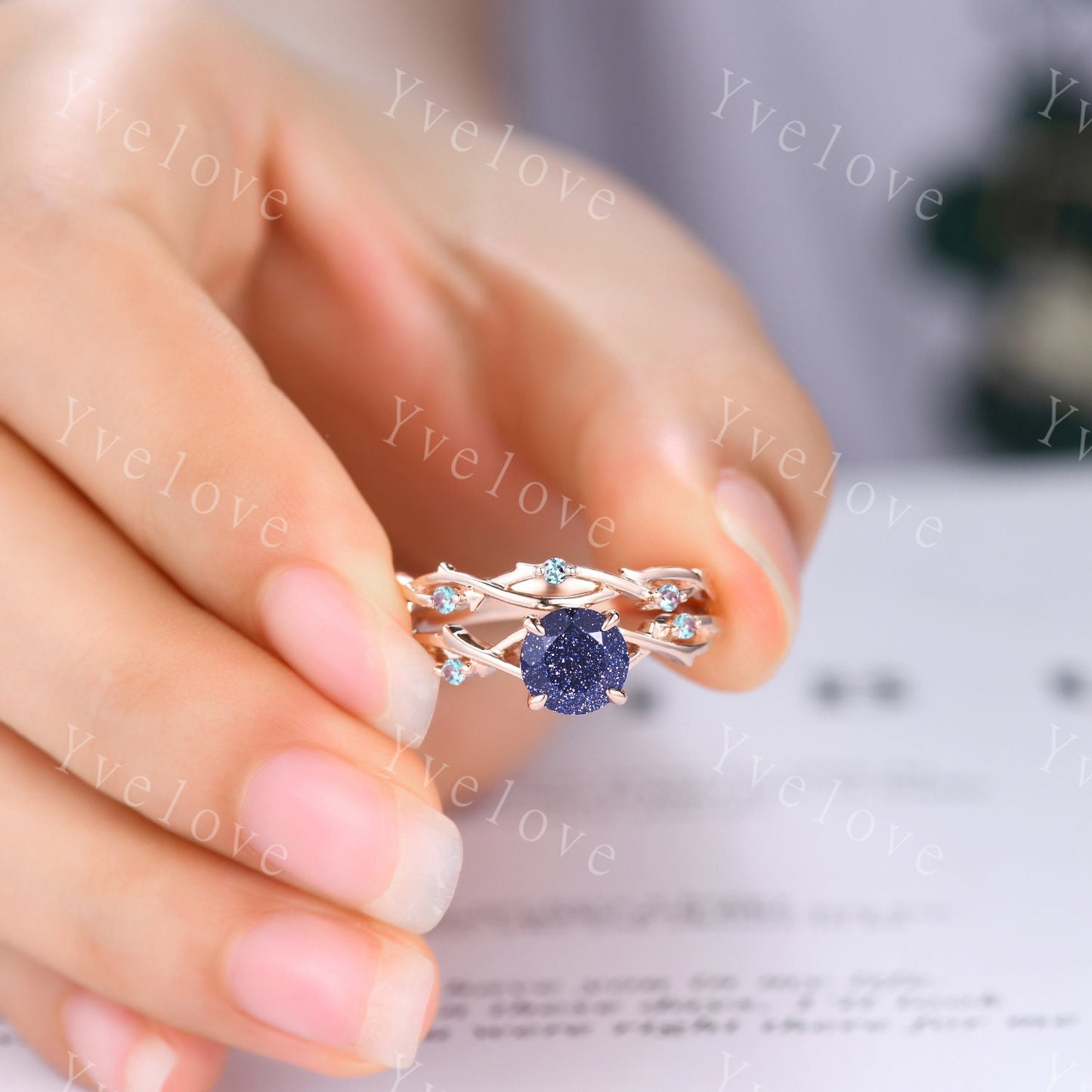 Twig Blue Sandstone Alexandrite Engagement Ring,Sandstone engagement ring set,Galaxy vintage unique promise ring set gift for women,silver
