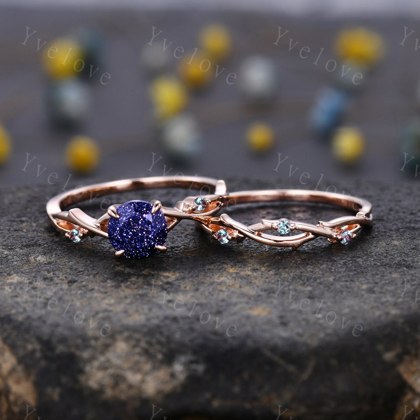 Twig Blue Sandstone Alexandrite Engagement Ring,Sandstone engagement ring set,Galaxy vintage unique promise ring set gift for women,silver