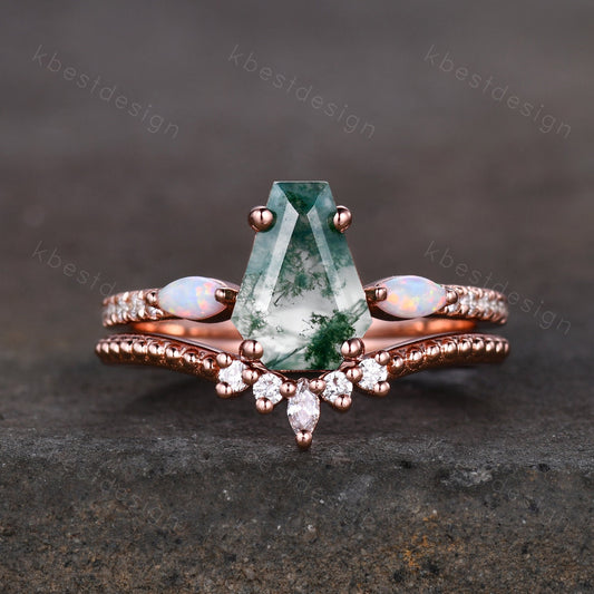 Coffin Shape Moss Agate Engagement Ring Set Unique Rose Gold Marquise Opal Wedding Ring Art Deco Moissanite Antique Promise Ring Bridal Set