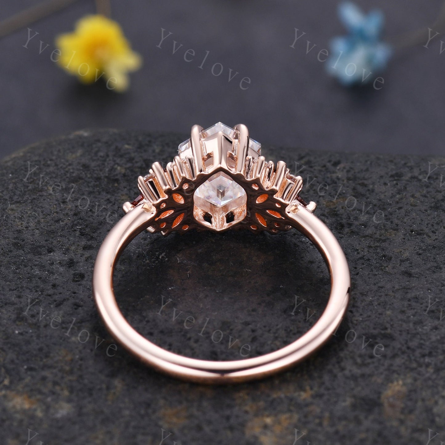 Vintage Hexagon Moissanite Garnet engagement ring,Unique Marquise Garnet Ring,Cluster Ring,Gold,Women Bridal Wedding Band,Statement Ring