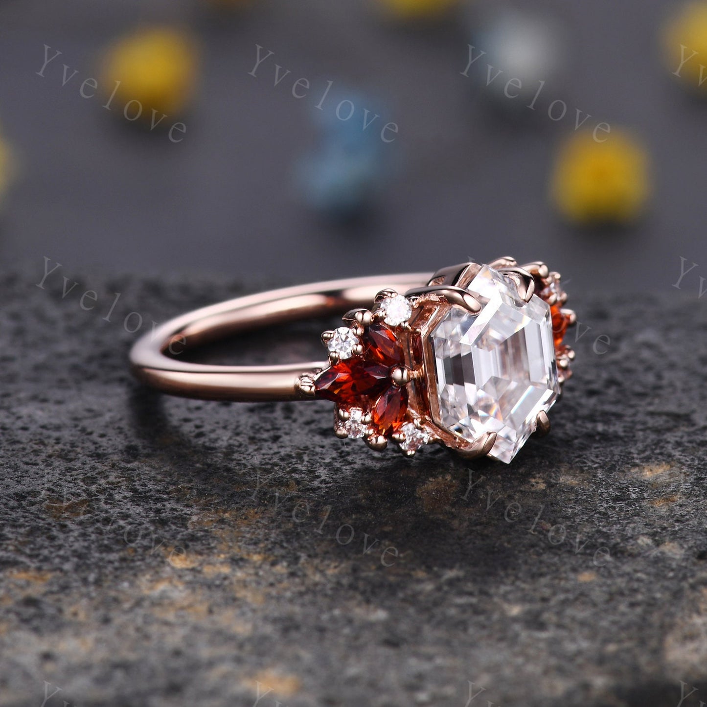 Vintage Hexagon Moissanite Garnet engagement ring,Unique Marquise Garnet Ring,Cluster Ring,Gold,Women Bridal Wedding Band,Statement Ring
