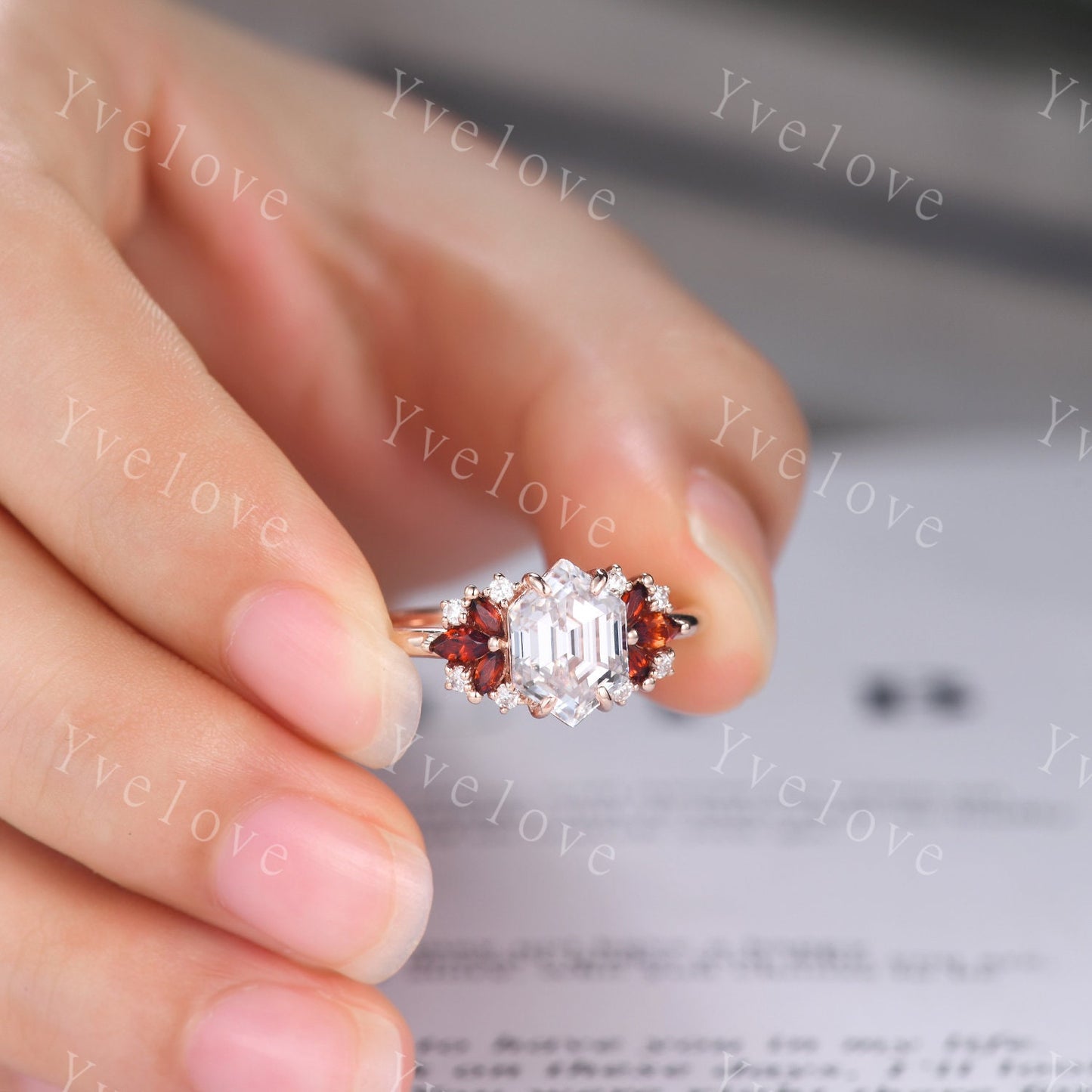 Vintage Hexagon Moissanite Garnet engagement ring,Unique Marquise Garnet Ring,Cluster Ring,Gold,Women Bridal Wedding Band,Statement Ring
