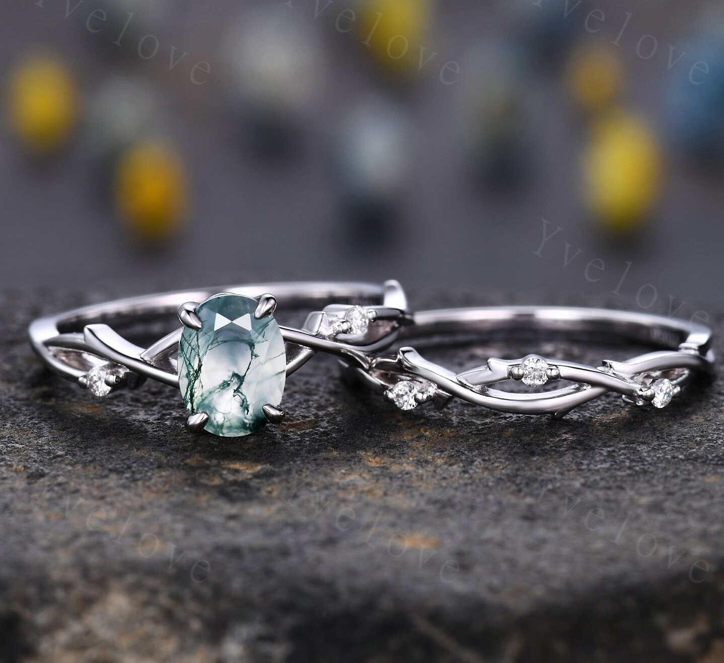 Twig Moss Agate Engagement Ring Set,Oval Vintage Leaf Diamond Ring,White Gold Branch Ring,Twisted Ring Promise Bridal Set,Dainty Ring Set