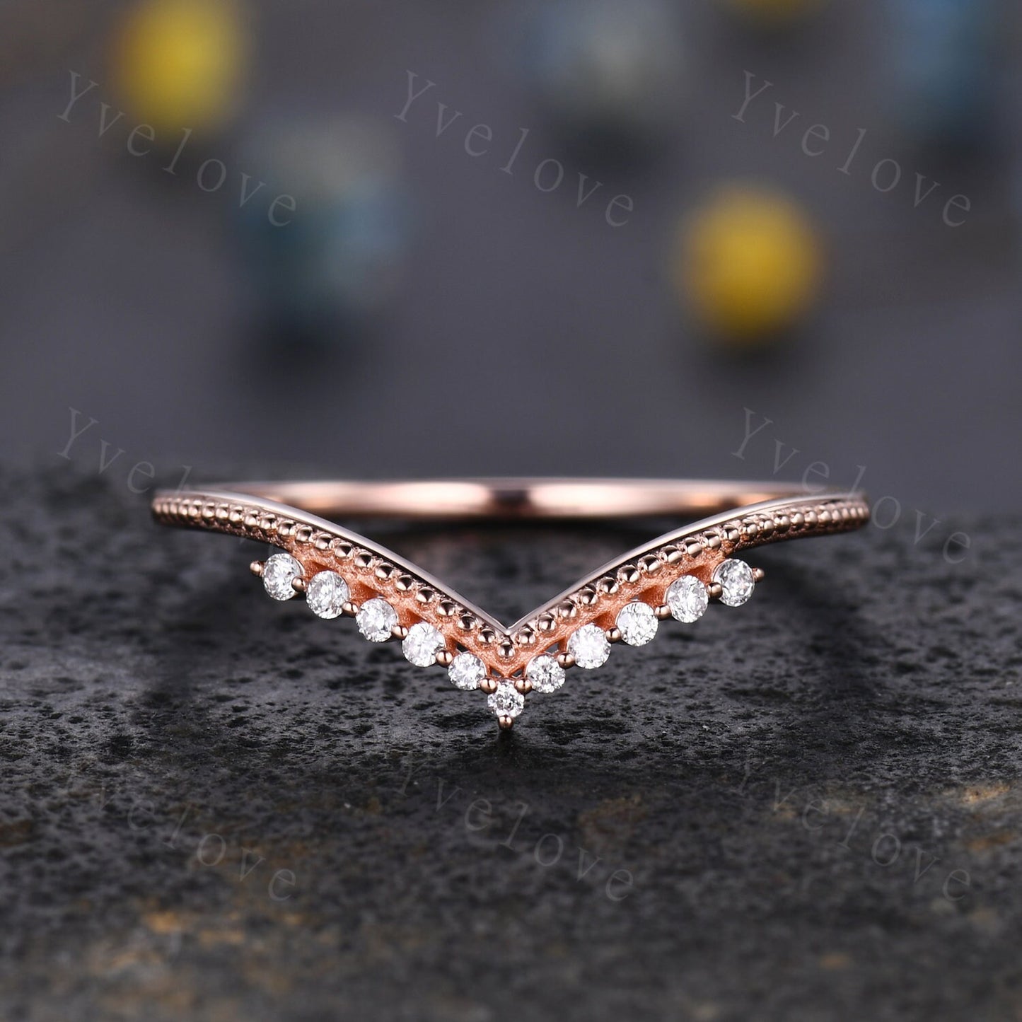 Curved Wedding Band 14k Sold Rose Gold Diamond Ring Women Chevron Matching Stacking Moissanite Band Unique Promise Anniversary Bridal Ring
