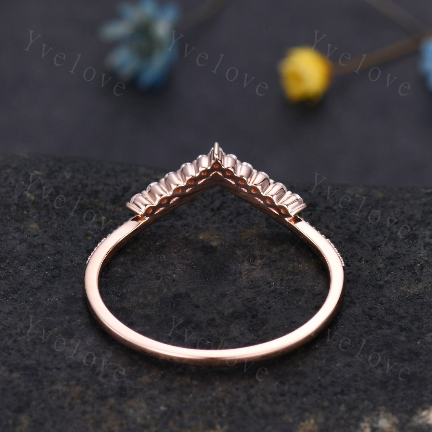 Curved Wedding Band 14k Sold Rose Gold Diamond Ring Women Chevron Matching Stacking Moissanite Band Unique Promise Anniversary Bridal Ring