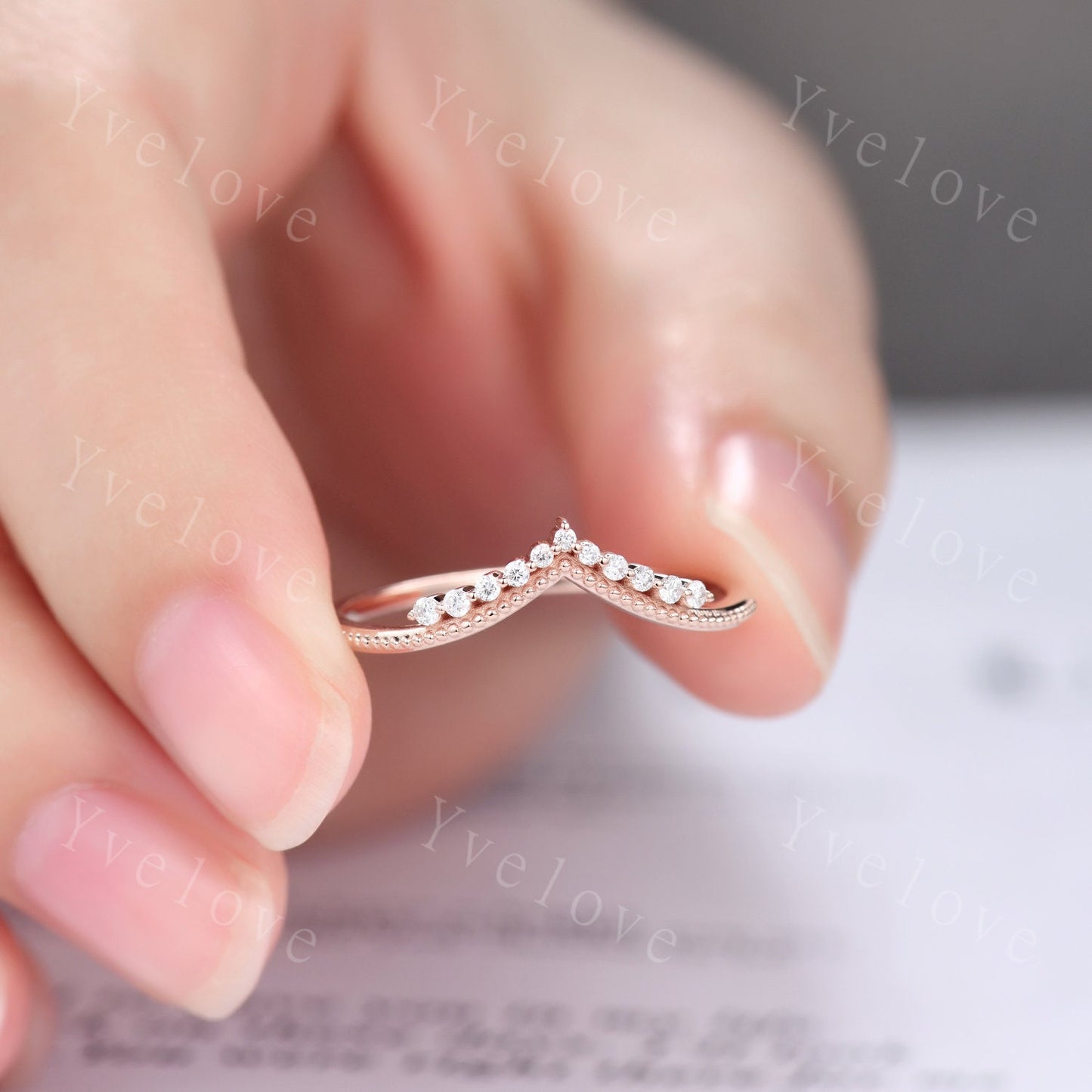 Curved Wedding Band 14k Sold Rose Gold Diamond Ring Women Chevron Matching Stacking Moissanite Band Unique Promise Anniversary Bridal Ring