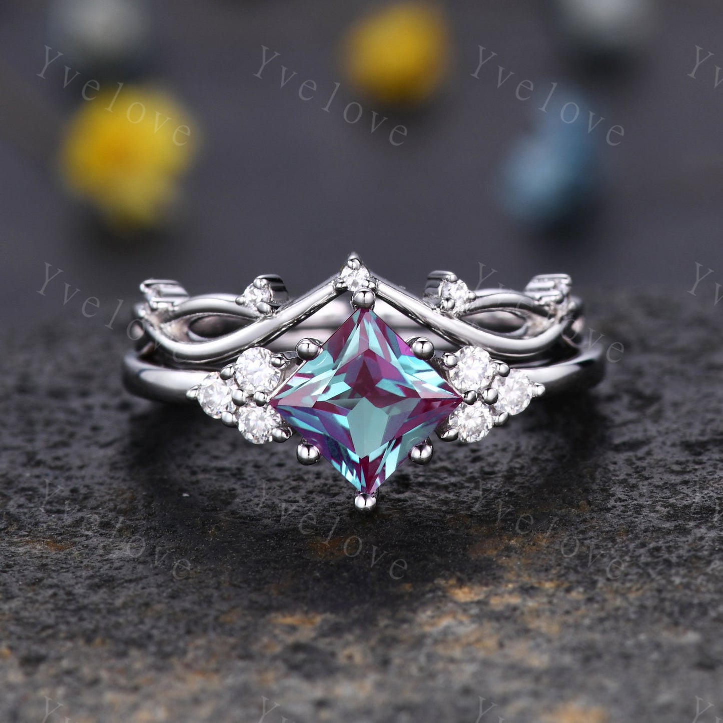 Retro Princess Shaped Alexandrite Ring,Vintage Sterling Silver Ring Set,Unique Engagement Ring,Promise Ring,Anniversary Ring Gift For Her