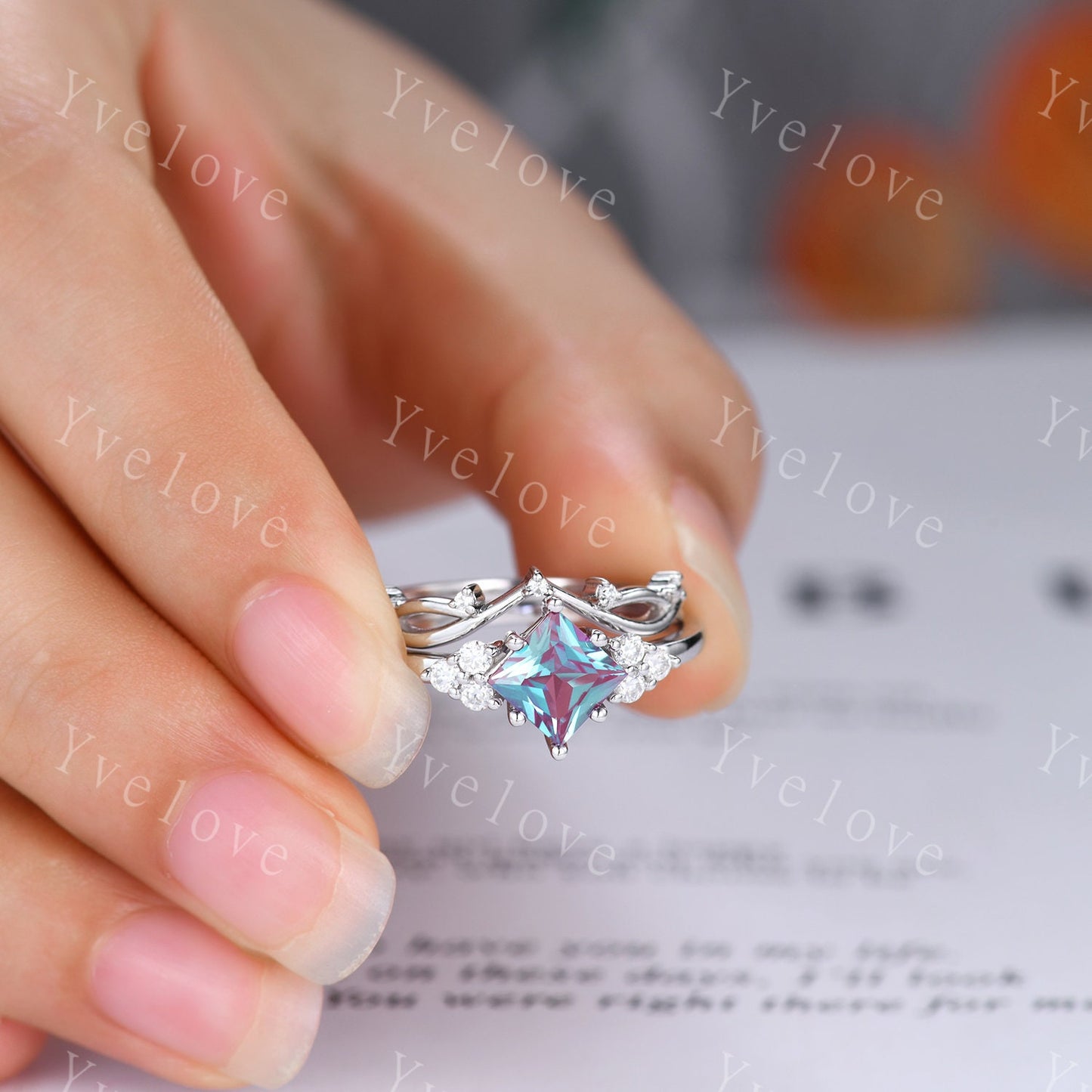 Retro Princess Shaped Alexandrite Ring,Vintage Sterling Silver Ring Set,Unique Engagement Ring,Promise Ring,Anniversary Ring Gift For Her