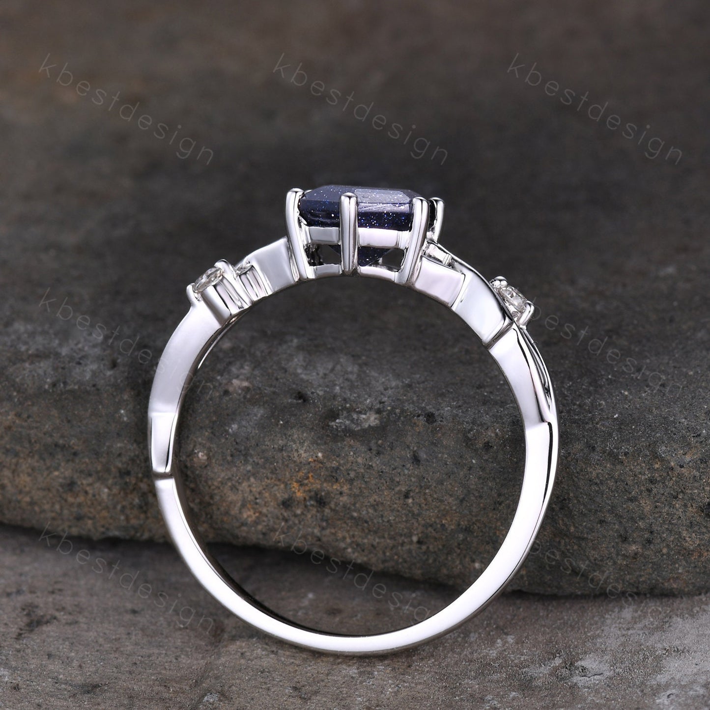 Hexagon cut Blue sandstone engagement ring Unique twig twisted wedding ring Women Vintage engagement ring White gold Promise Ring Gift
