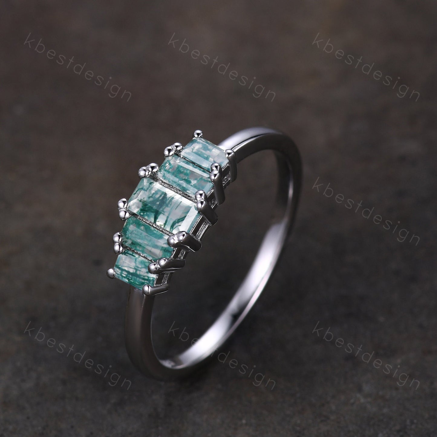 Vintage Baguette cut Moss Agate Wedding Band Unique Green Agate Cluster Ring Rose Gold Antique Five Stone Women Bridal Promise Ring