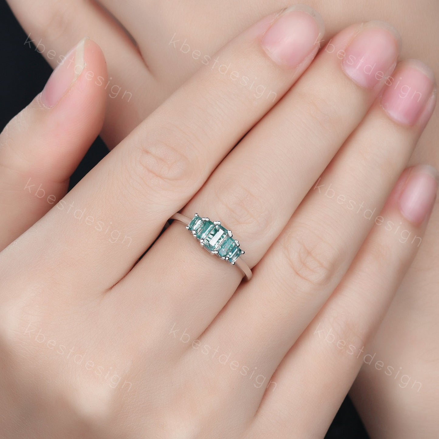 Vintage Baguette cut Moss Agate Wedding Band Unique Green Agate Cluster Ring Rose Gold Antique Five Stone Women Bridal Promise Ring