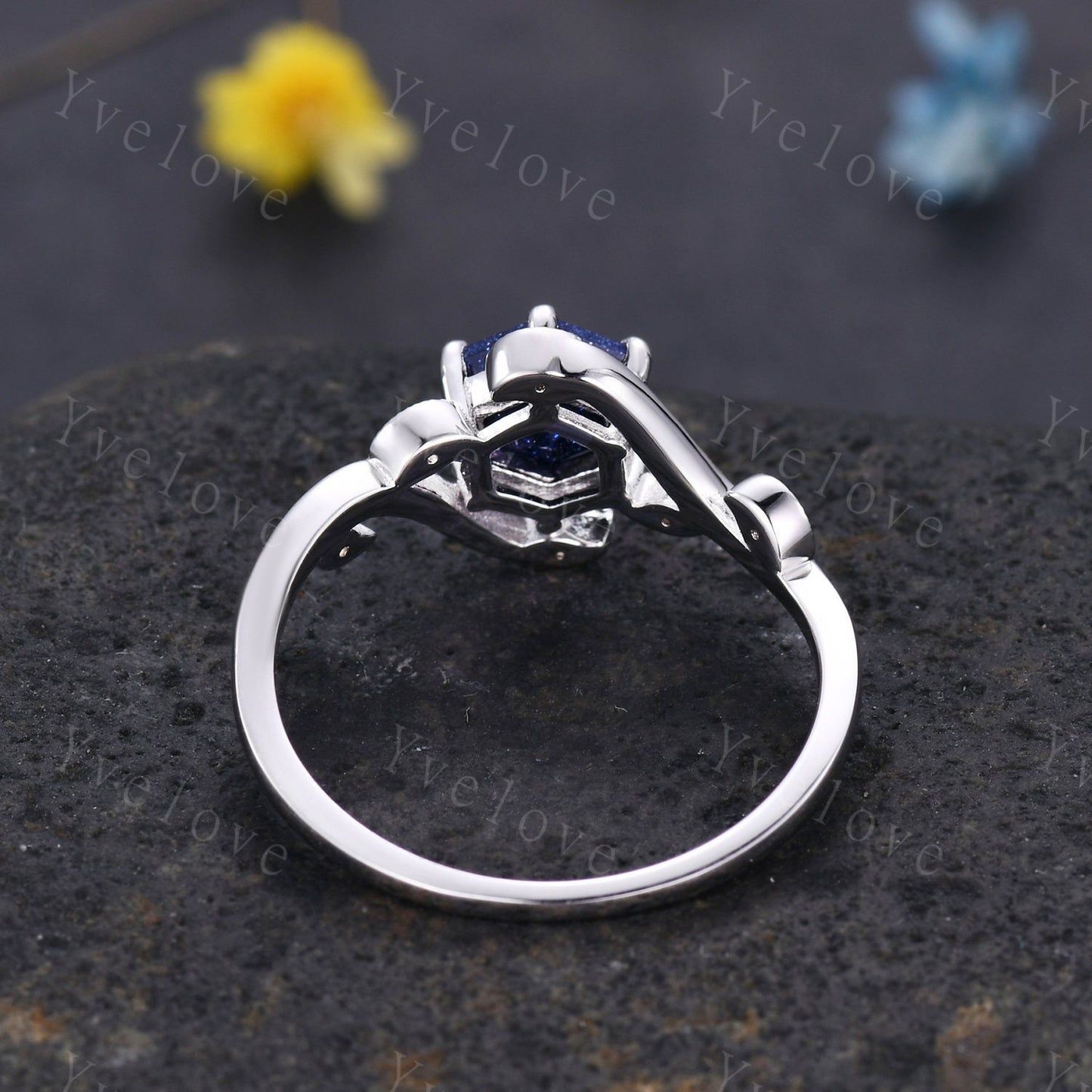 Retro hexagon Blue Sandstone Ring,Vintage Sterling Silver Ring,Unique Sandstone Engagement Ring,Promise Ring,Anniversary Bridal Ring Gift
