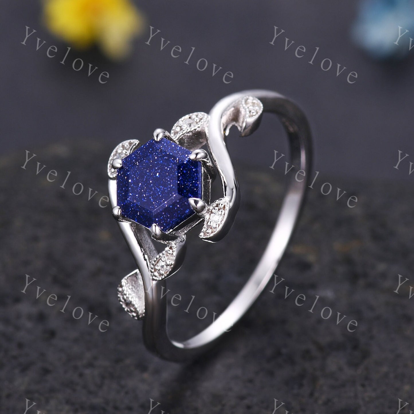 Retro hexagon Blue Sandstone Ring,Vintage Sterling Silver Ring,Unique Sandstone Engagement Ring,Promise Ring,Anniversary Bridal Ring Gift