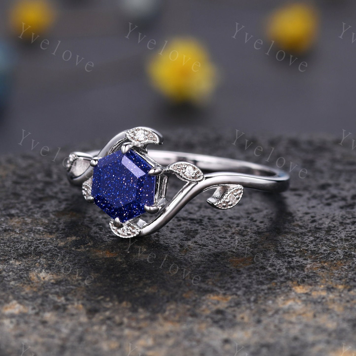 Retro hexagon Blue Sandstone Ring,Vintage Sterling Silver Ring,Unique Sandstone Engagement Ring,Promise Ring,Anniversary Bridal Ring Gift