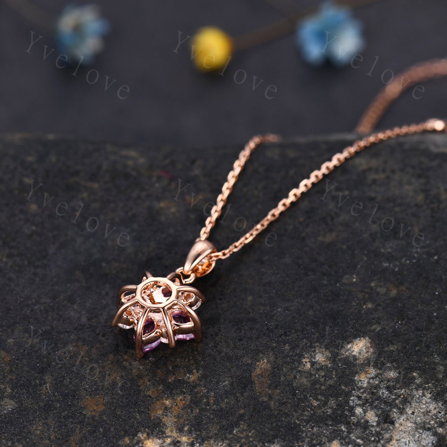 Natural Pink Sapphire Diamond Necklace,Pink Gems Pendant Floral Diamond Jewelry Delicate Dainty Necklace Gift For Women or Her,18k Rose Gold