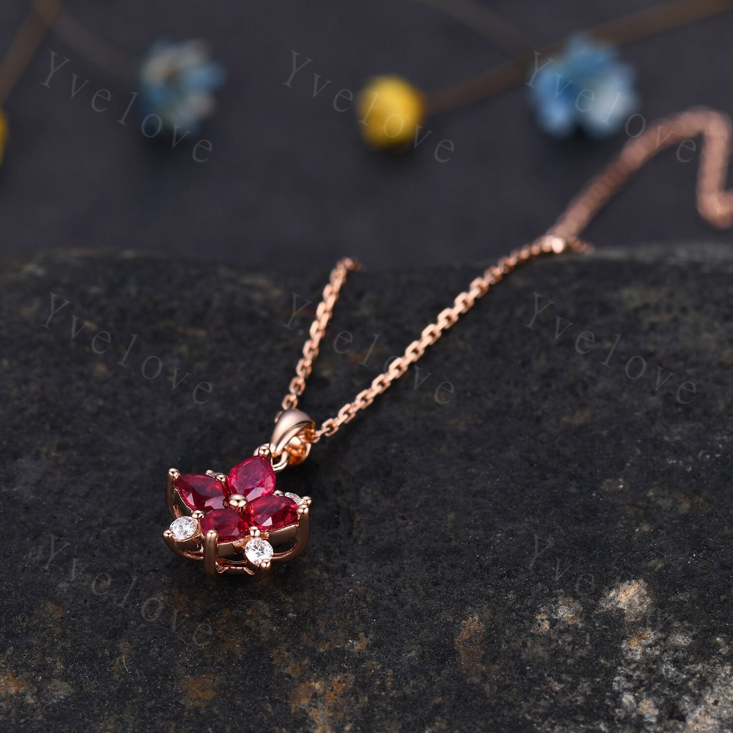 Vintage Natural Red Ruby Diamond Necklace,Pink Gems Pendant Floral Diamond Jewelry Delicate Dainty Necklace Gift For Women,14k Rose Gold