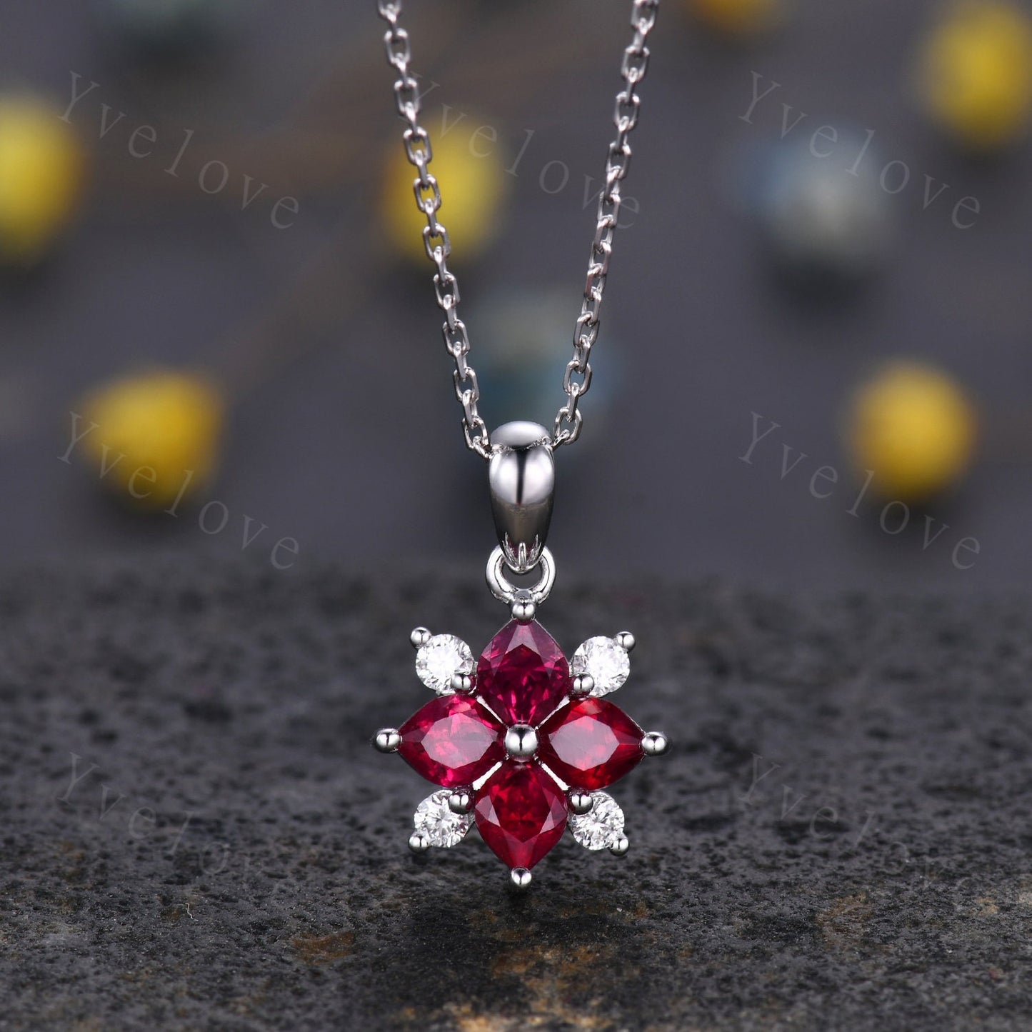 Vintage Natural Red Ruby Diamond Necklace,Pink Gems Pendant Floral Diamond Jewelry Delicate Dainty Necklace Gift For Women,14k Rose Gold