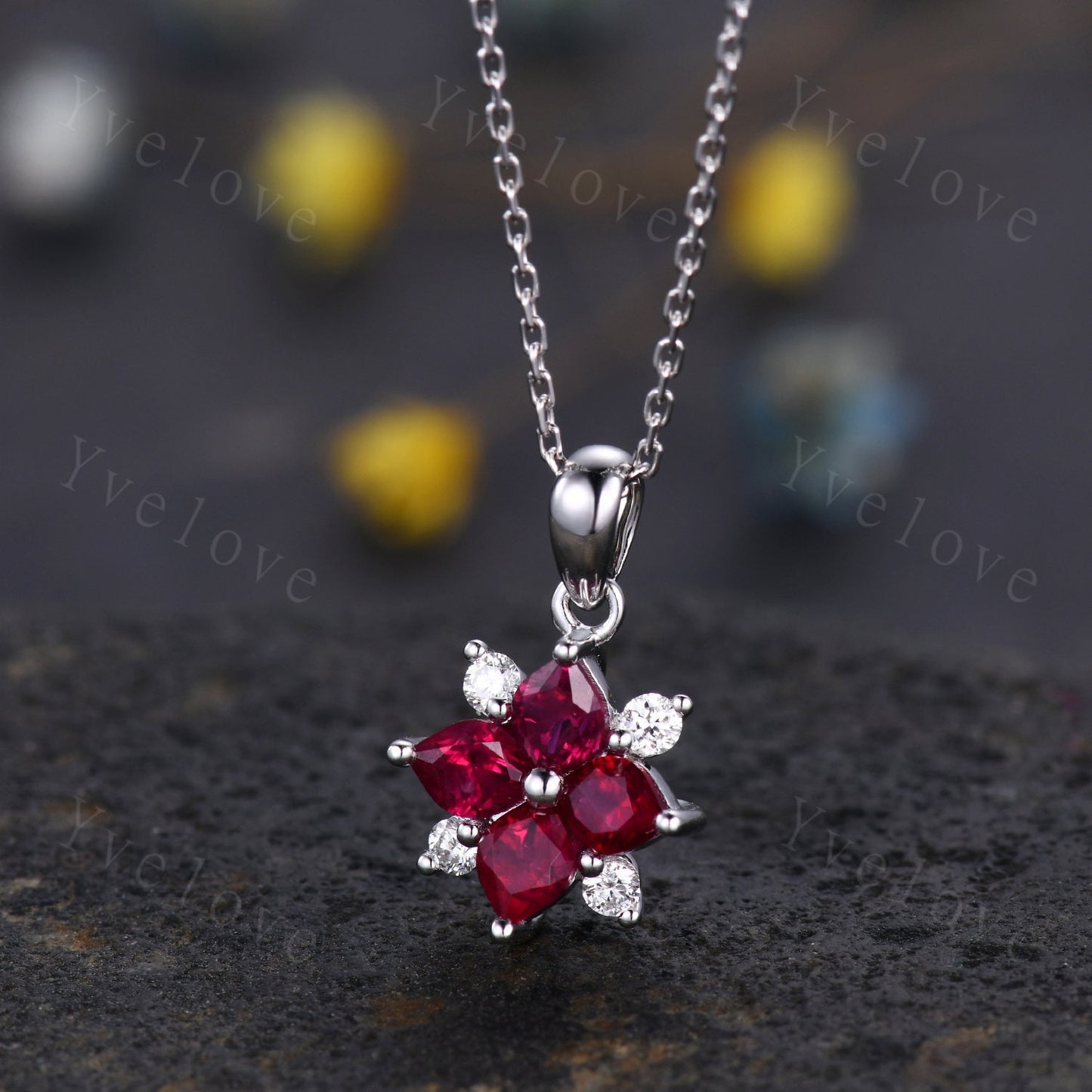 Vintage Natural Red Ruby Diamond Necklace,Pink Gems Pendant Floral Diamond Jewelry Delicate Dainty Necklace Gift For Women,14k Rose Gold