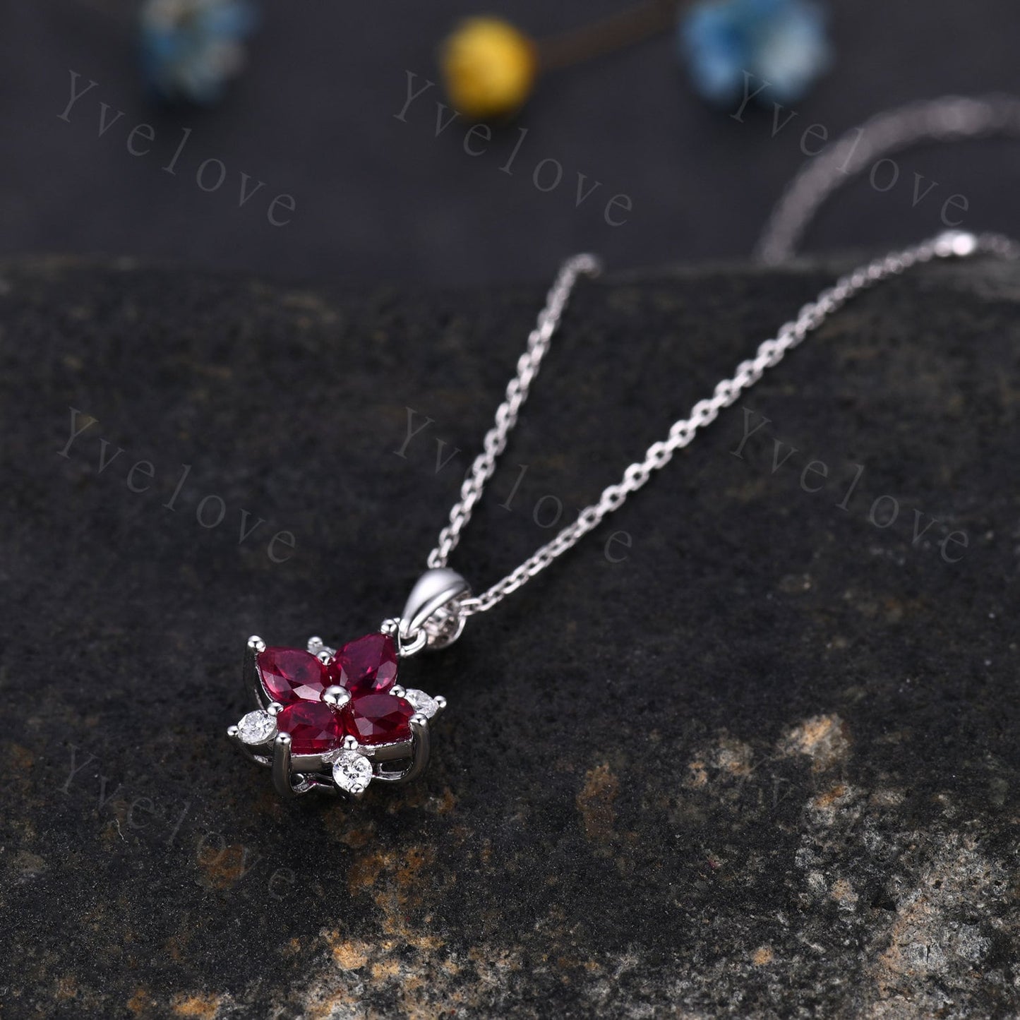 Vintage Natural Red Ruby Diamond Necklace,Pink Gems Pendant Floral Diamond Jewelry Delicate Dainty Necklace Gift For Women,14k Rose Gold