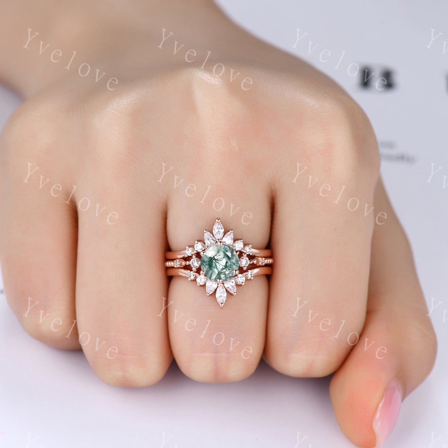 Vintage Moss Agate Ring Set,Green Agate Engagement Ring,Enhancer Ring,Double Curved band,Women Bridal Matching Stacking Wedding Band,Custom