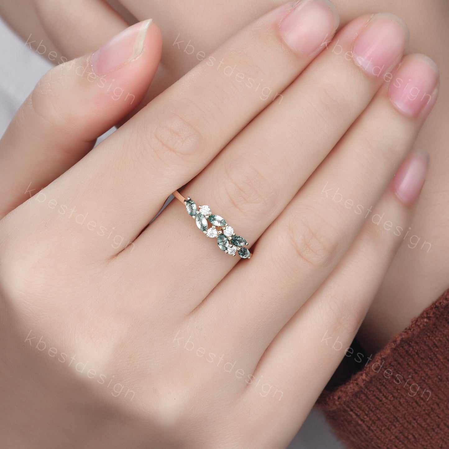 Moss agate cluster wedding band Unique marquise cut moss agate wedding band Vintage Moissanite ring Rose gold ring Anniversary gift for her