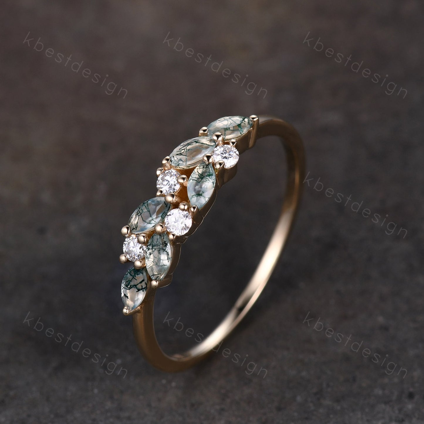 Moss agate cluster wedding band Unique marquise cut moss agate wedding band Vintage Moissanite ring Solid gold ring Anniversary gift