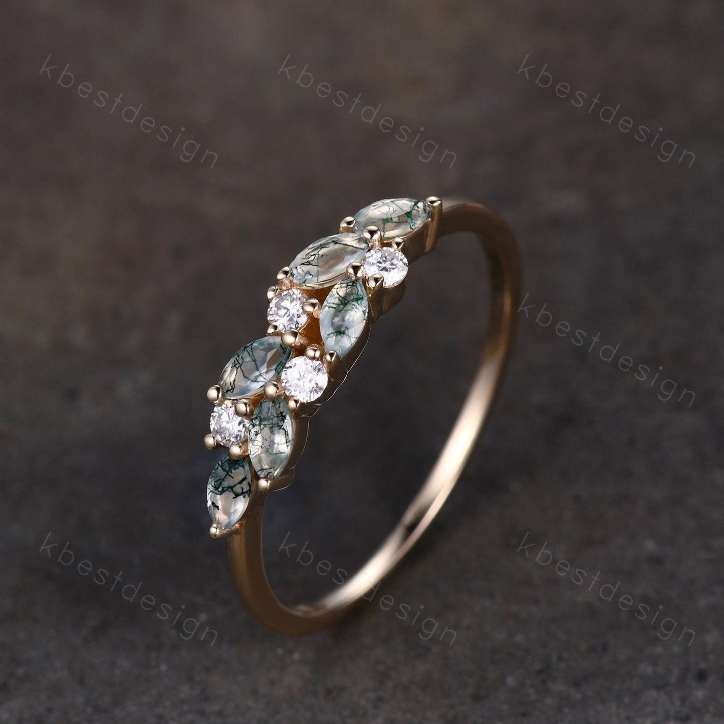 Moss agate cluster wedding band Unique marquise cut moss agate wedding band Vintage Moissanite ring Solid gold ring Anniversary gift