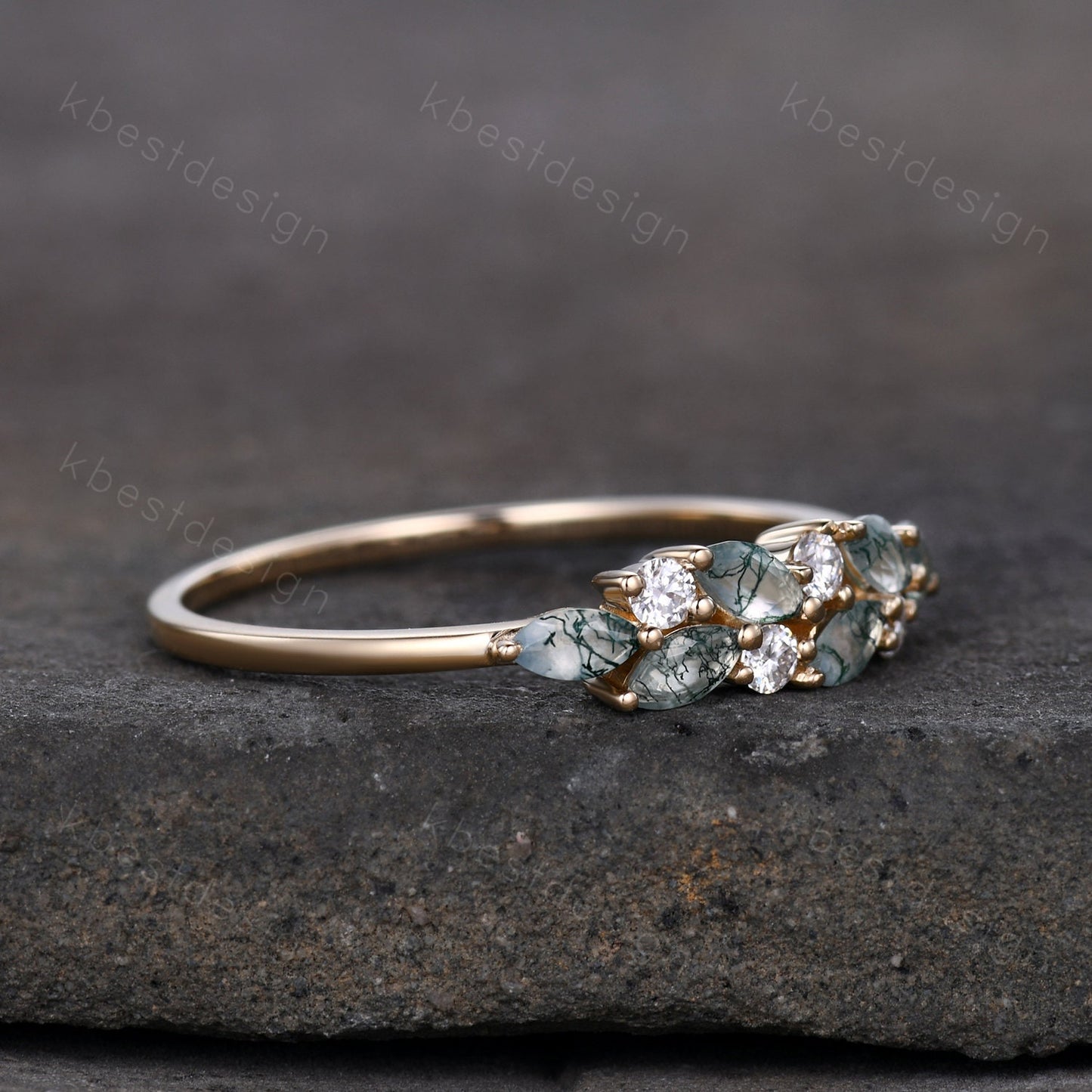 Moss agate cluster wedding band Unique marquise cut moss agate wedding band Vintage Moissanite ring Solid gold ring Anniversary gift