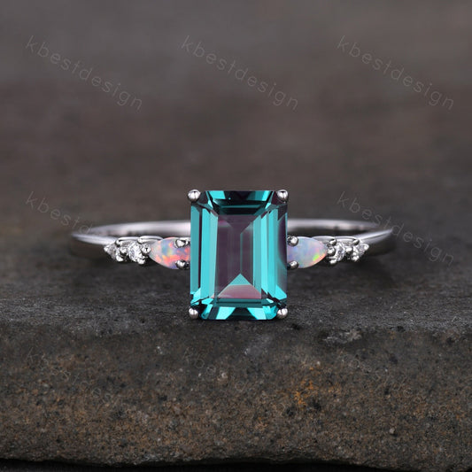 Emerald cut Alexandrite ring white gold ring for women vintage unique Alexandrite engagement ring pear opal wedding ring Promise ring